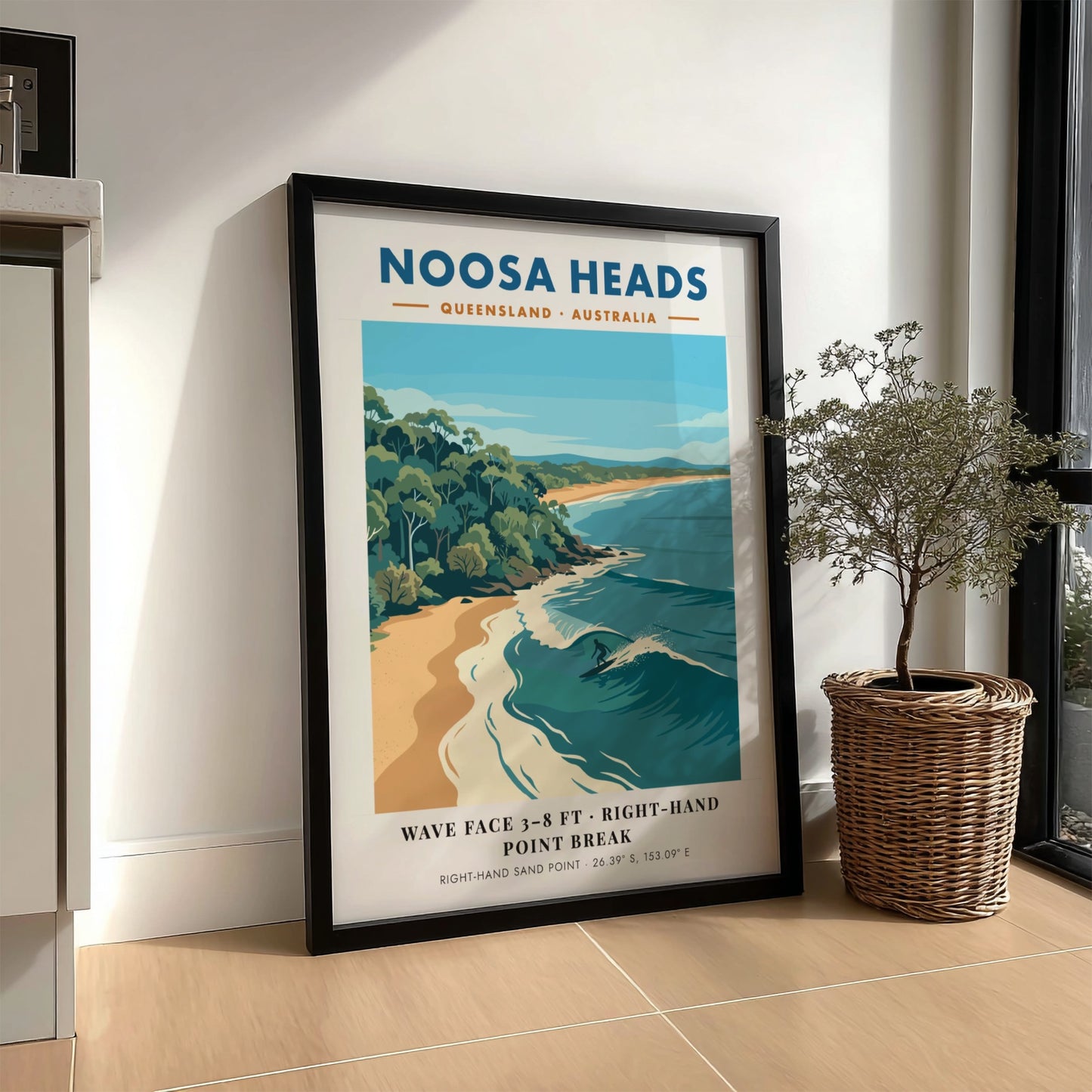 Noosa Heads travel poster featuring a surfer on a wave and coastal forest.