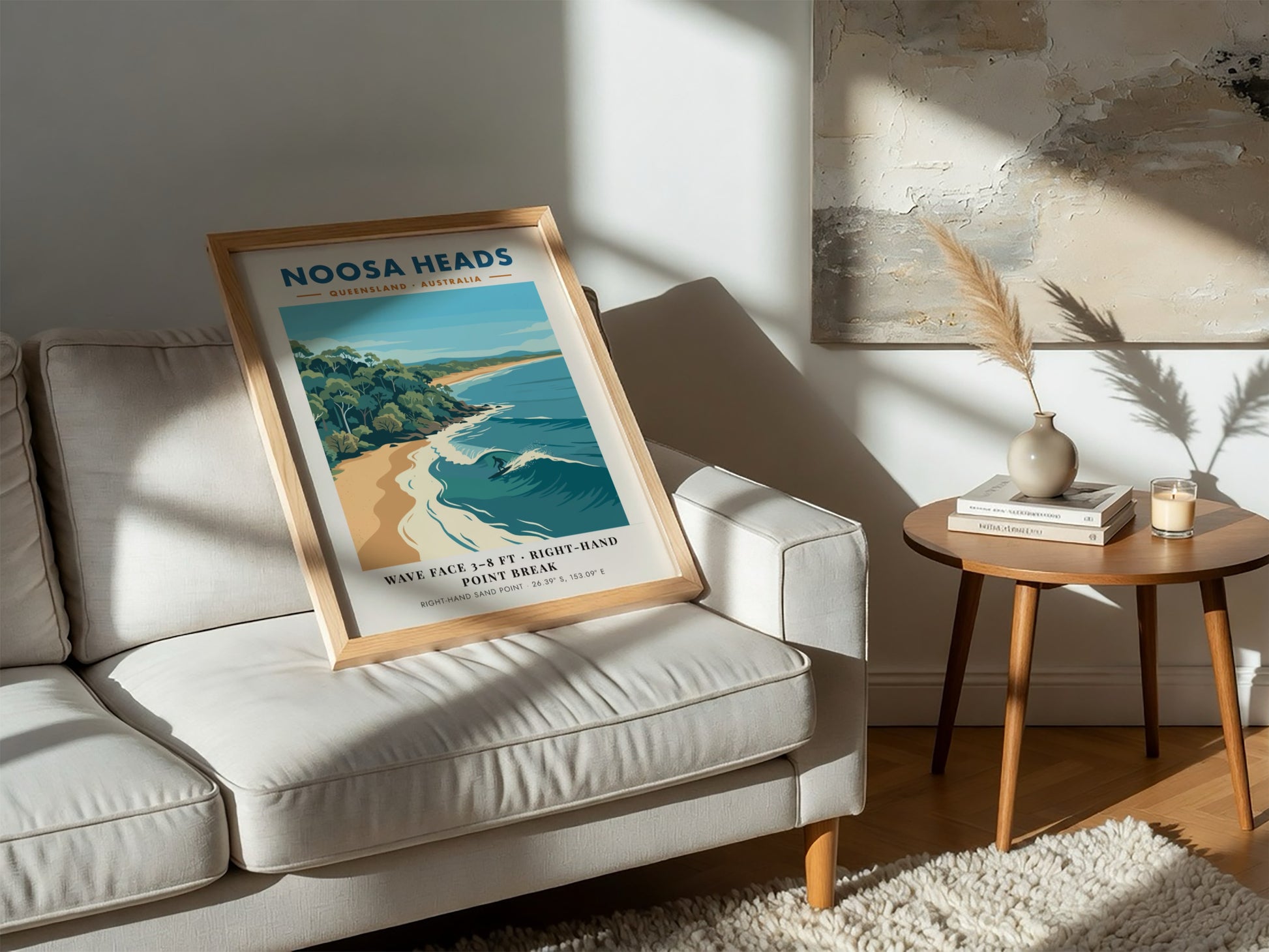 Noosa Heads travel poster featuring a surfer on a wave and coastal forest.