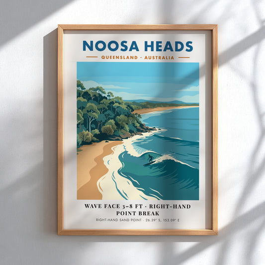 Noosa Heads travel poster featuring a surfer on a wave and coastal forest.