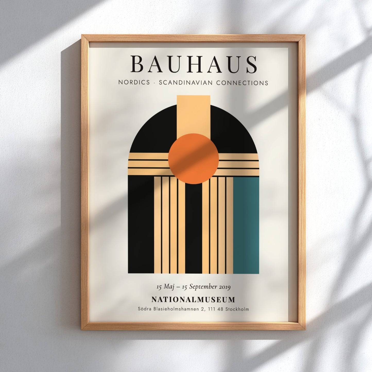 Bauhaus poster showcasing geometric shapes and vibrant colors in a Scandinavian style.