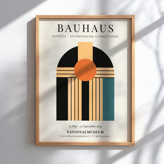 Bauhaus poster showcasing geometric shapes and vibrant colors in a Scandinavian style.