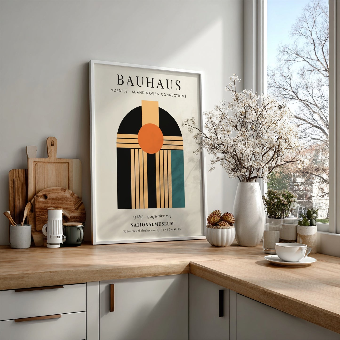 Bauhaus poster showcasing geometric shapes and vibrant colors in a Scandinavian style.