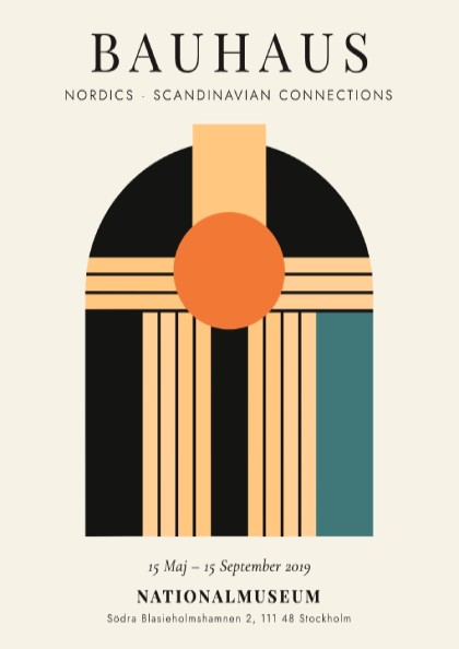 Bauhaus poster showcasing geometric shapes and vibrant colors in a Scandinavian style.