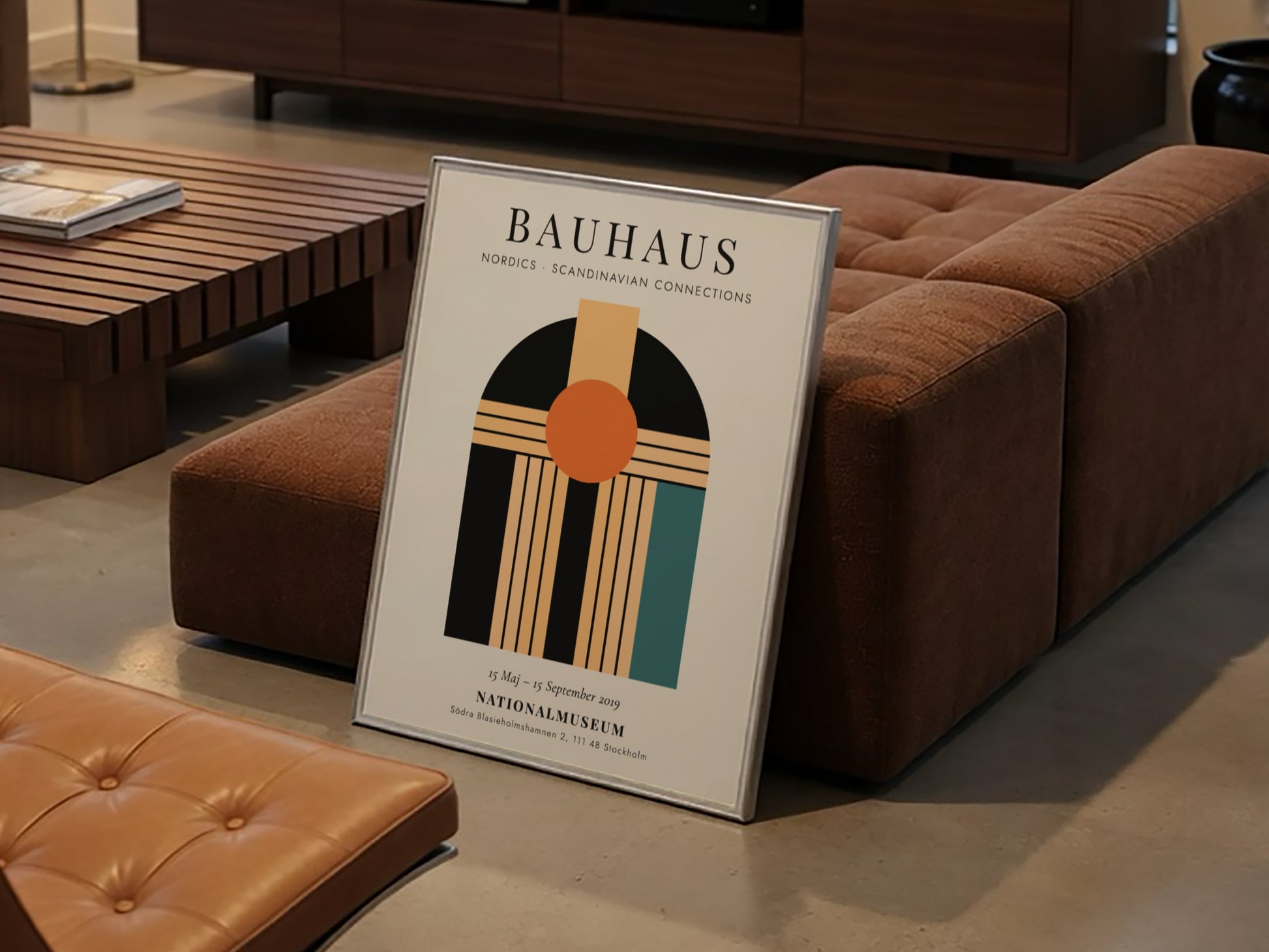 Bauhaus poster showcasing geometric shapes and vibrant colors in a Scandinavian style.