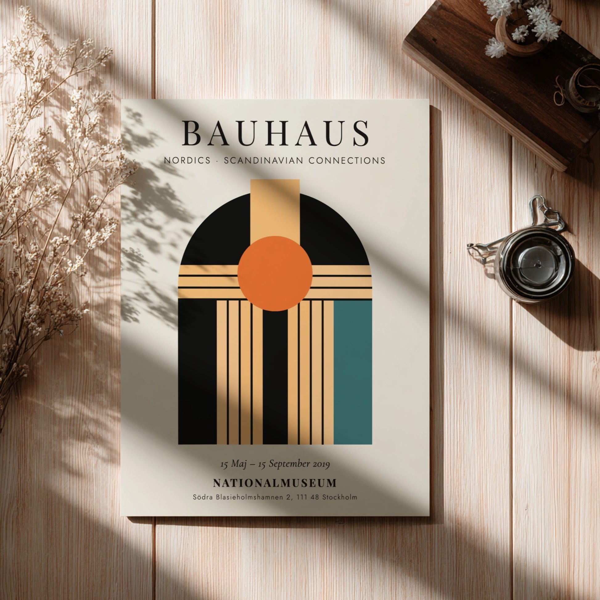 Bauhaus poster showcasing geometric shapes and vibrant colors in a Scandinavian style.