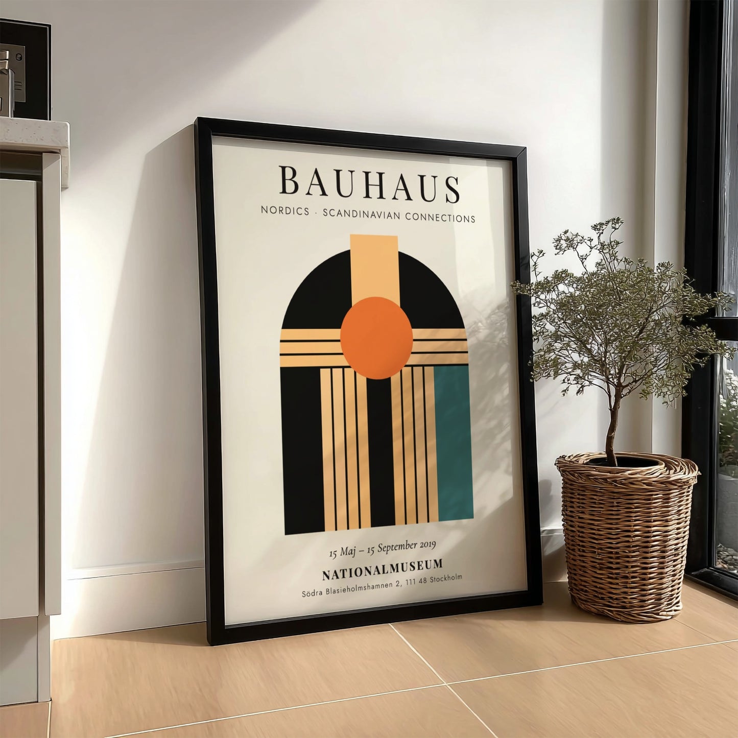 Bauhaus poster showcasing geometric shapes and vibrant colors in a Scandinavian style.