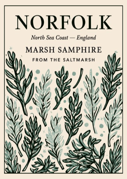 Kitchen poster featuring marsh samphire illustrations in soft greens, perfect for botanical decor and