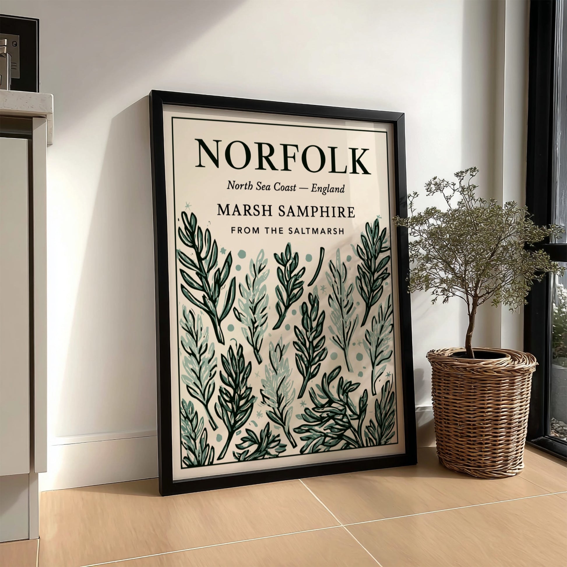 Kitchen poster featuring marsh samphire illustrations in soft greens, perfect for botanical decor and