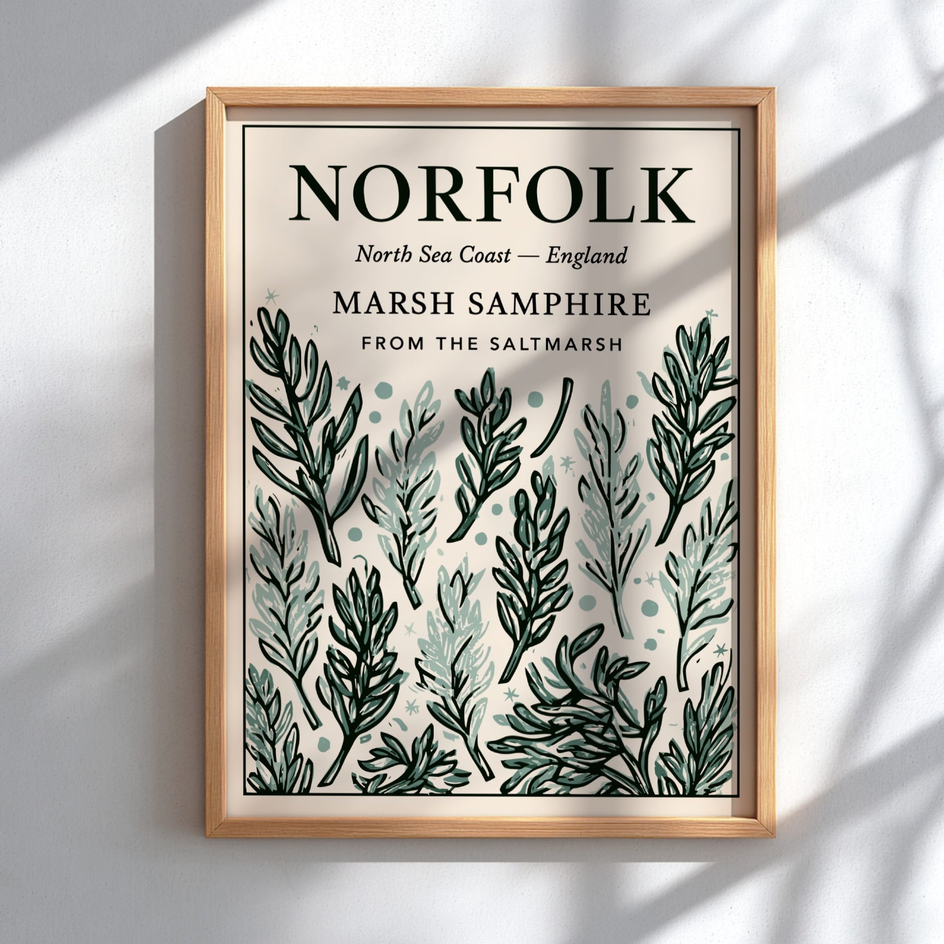 Kitchen poster featuring marsh samphire illustrations in soft greens, perfect for botanical decor and