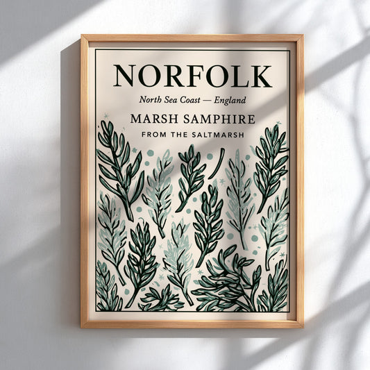 Kitchen poster featuring marsh samphire illustrations in soft greens, perfect for botanical decor and