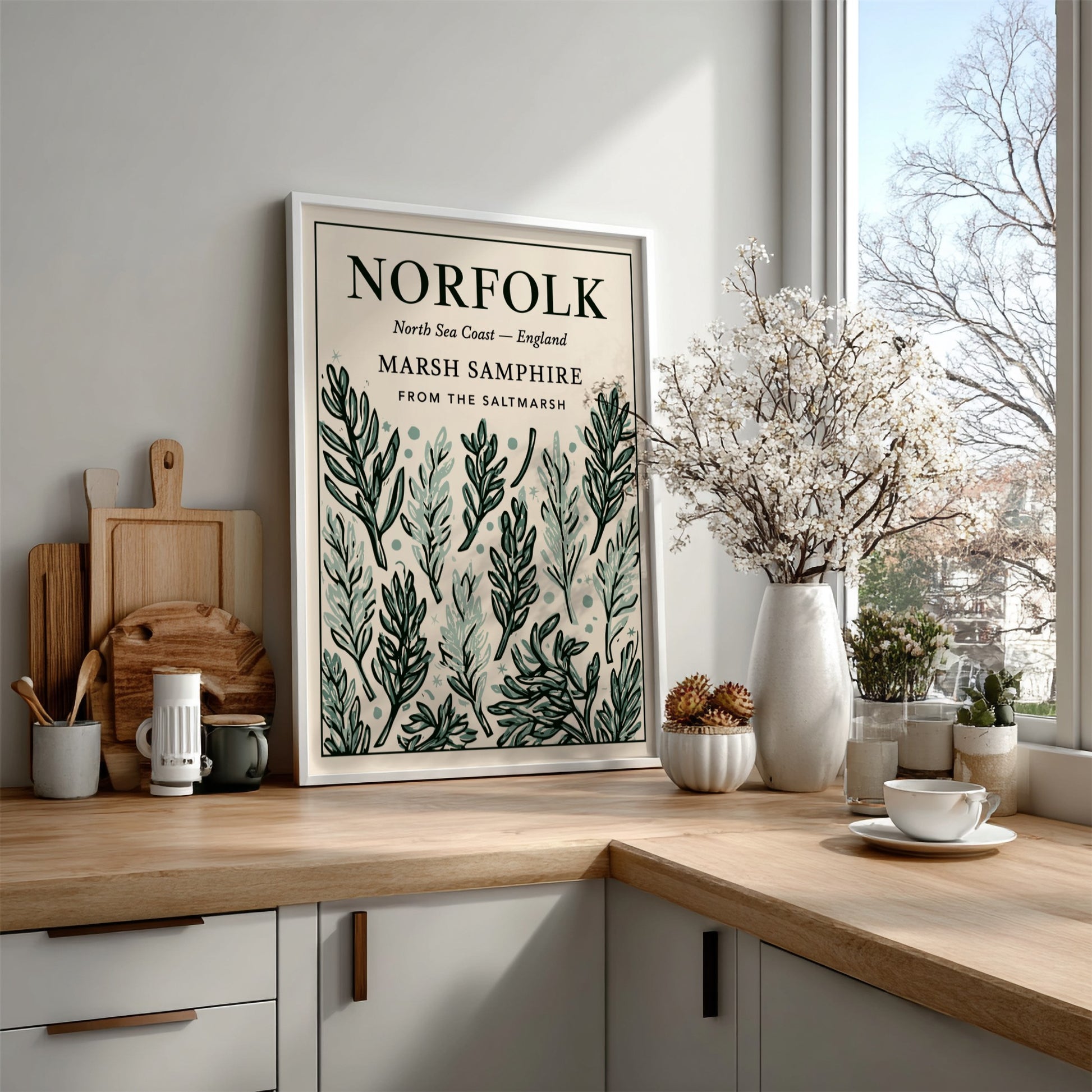 Kitchen poster featuring marsh samphire illustrations in soft greens, perfect for botanical decor and