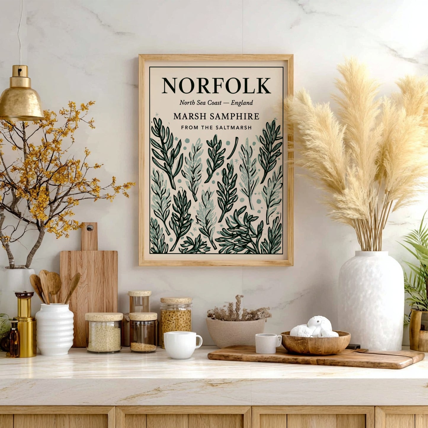 Kitchen poster featuring marsh samphire illustrations in soft greens, perfect for botanical decor and