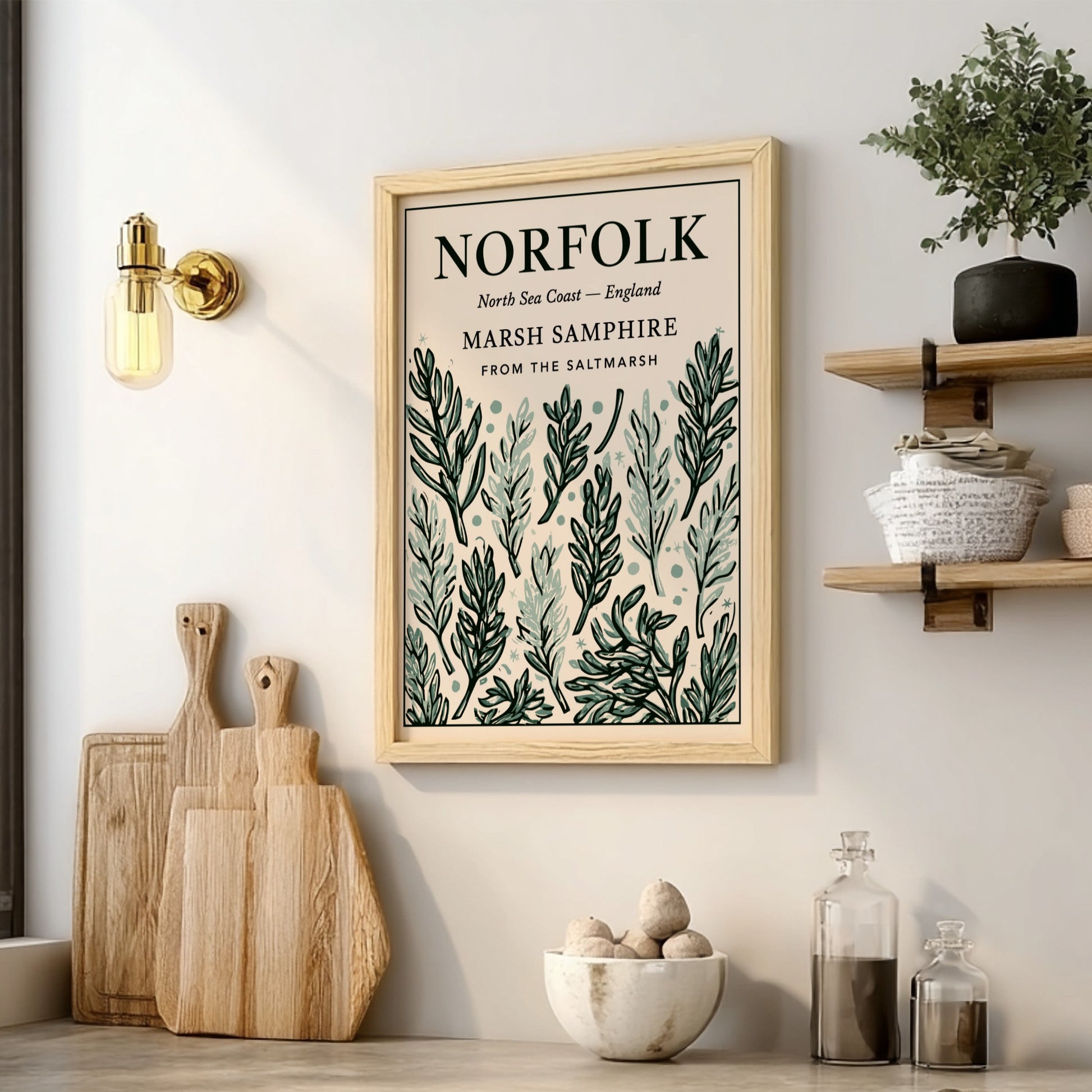 Kitchen poster featuring marsh samphire illustrations in soft greens, perfect for botanical decor and