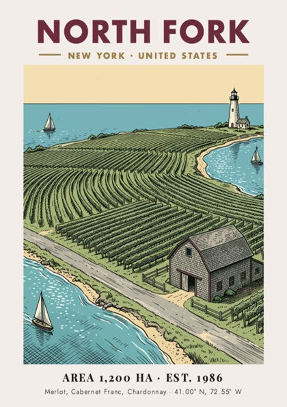 Poster of North Fork vineyard landscape with a lighthouse and sailboats on water