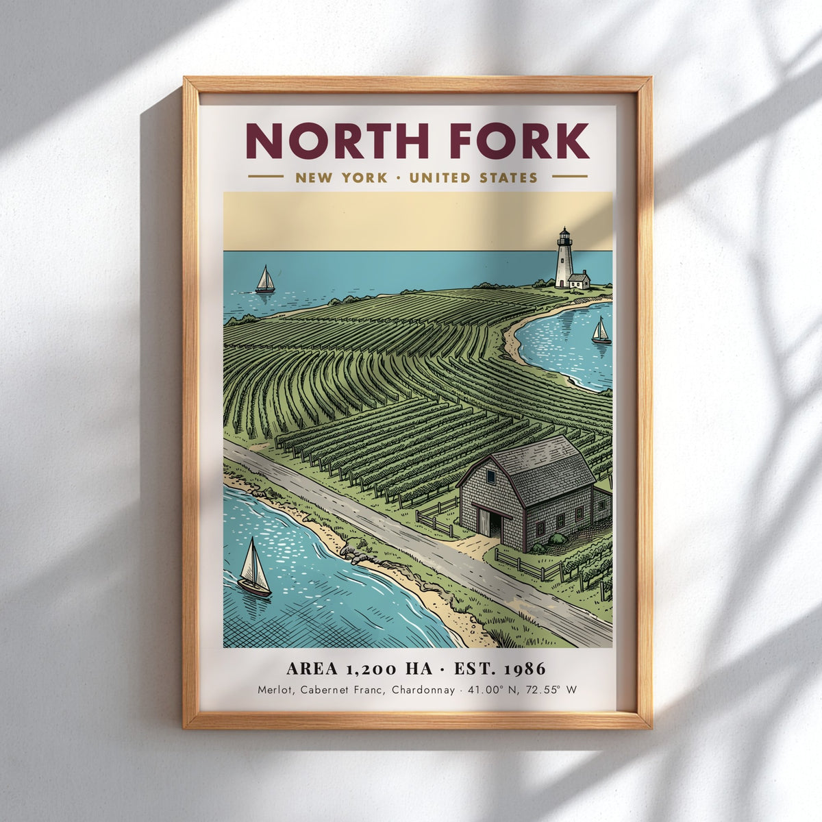 Poster of North Fork vineyard landscape with a lighthouse and sailboats on water