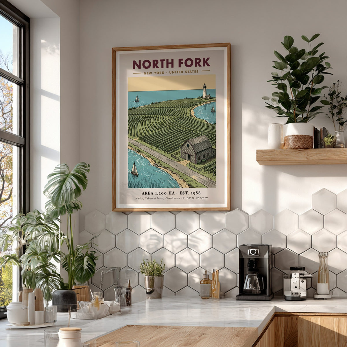 Poster of North Fork vineyard landscape with a lighthouse and sailboats on water