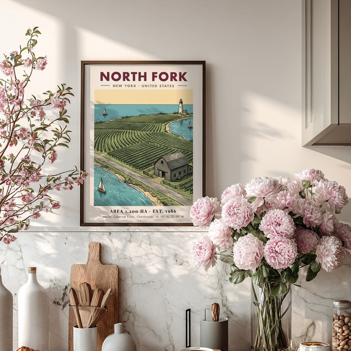 Poster of North Fork vineyard landscape with a lighthouse and sailboats on water
