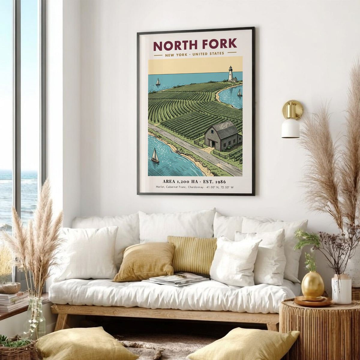 Poster of North Fork vineyard landscape with a lighthouse and sailboats on water