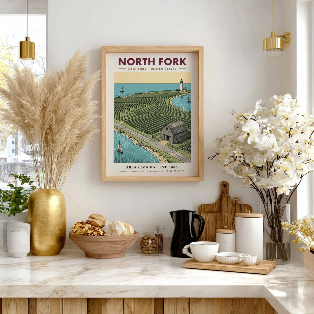 Poster of North Fork vineyard landscape with a lighthouse and sailboats on water