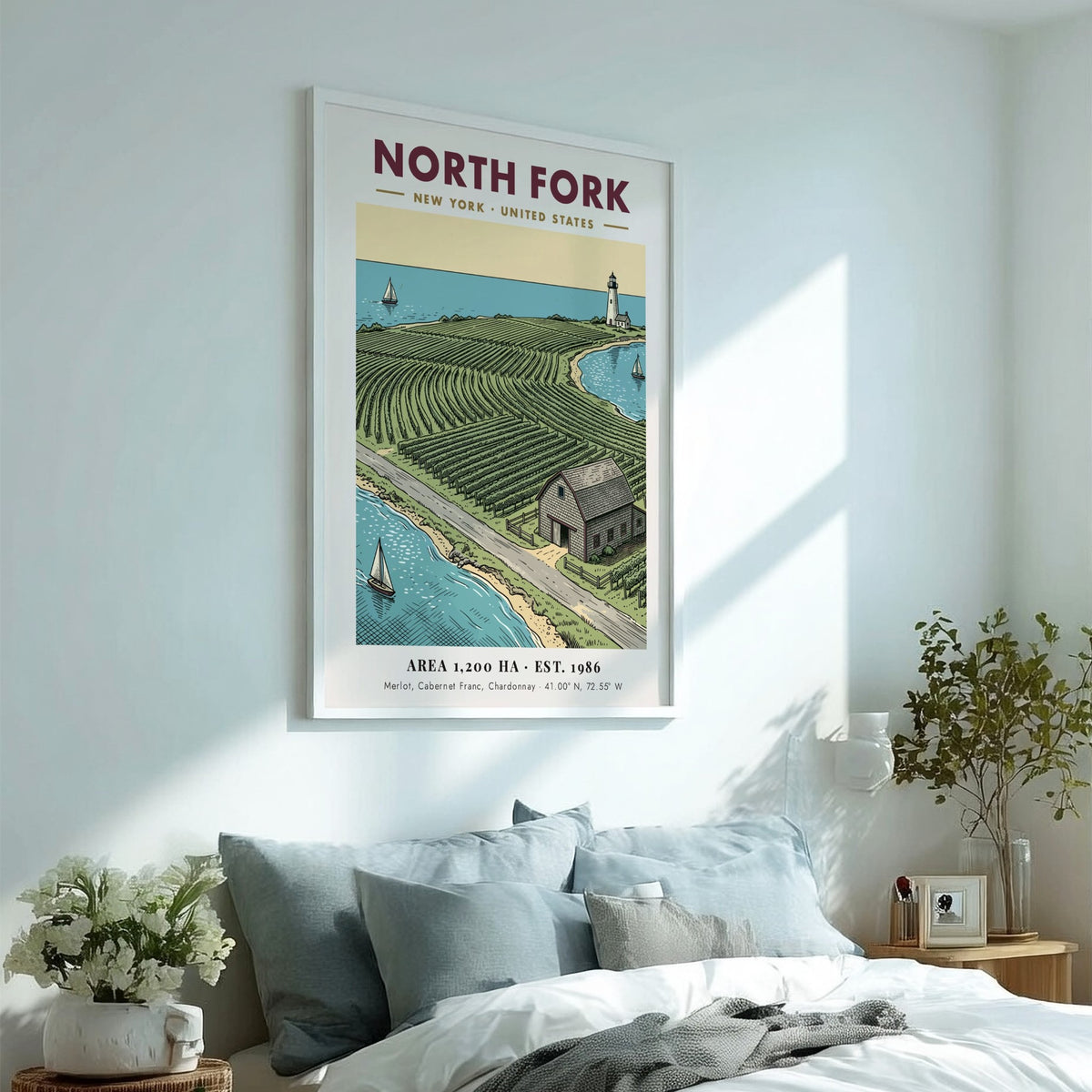 Poster of North Fork vineyard landscape with a lighthouse and sailboats on water