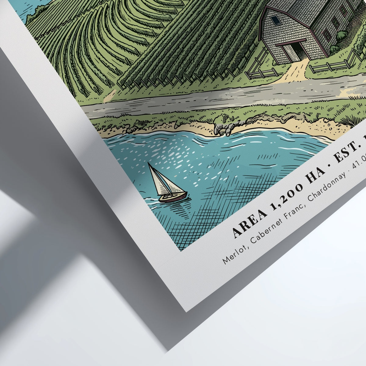 Poster of North Fork vineyard landscape with a lighthouse and sailboats on water