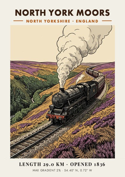 Poster of a steam train traveling through purple heather hills in North York Moors.