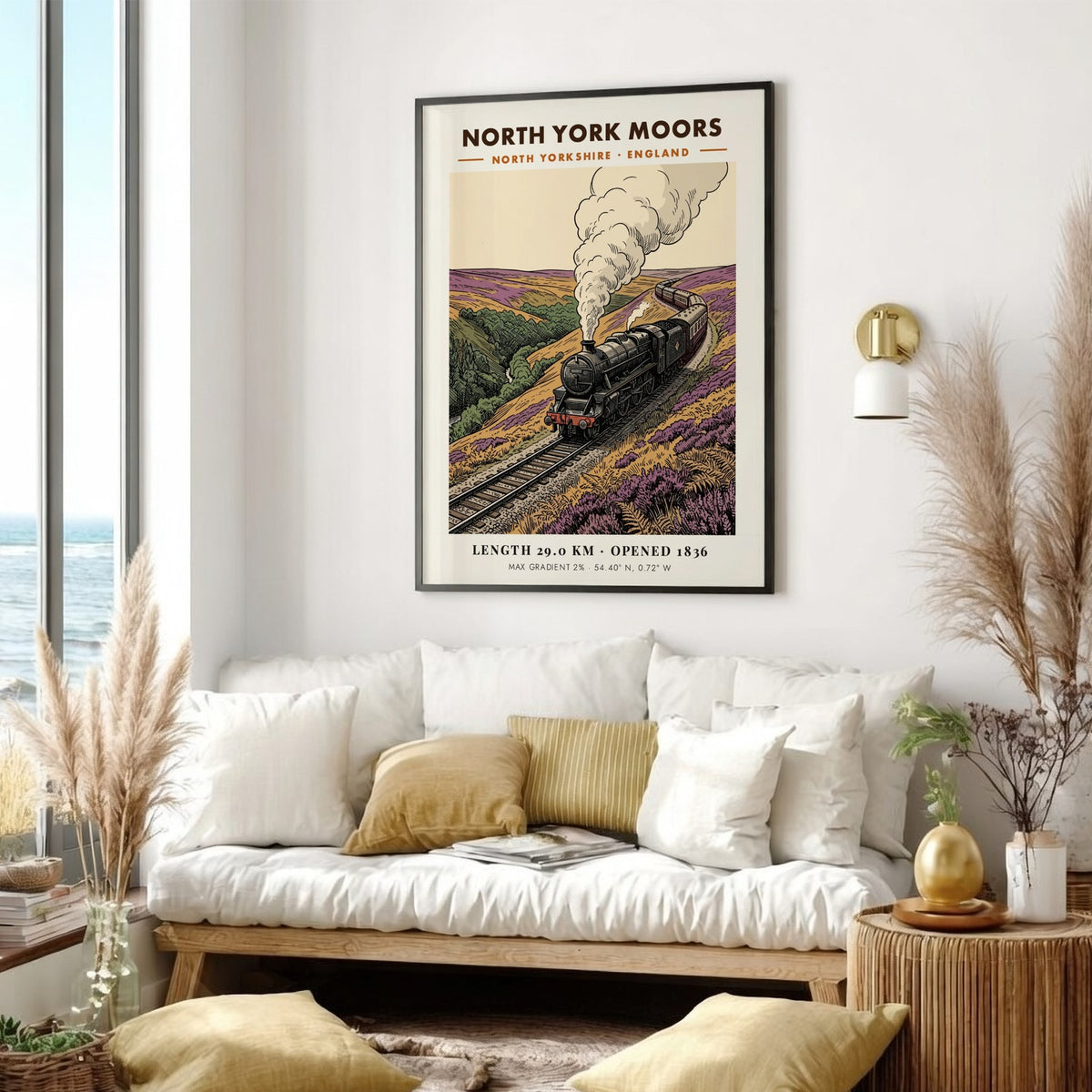 Poster of a steam train traveling through purple heather hills in North York Moors.