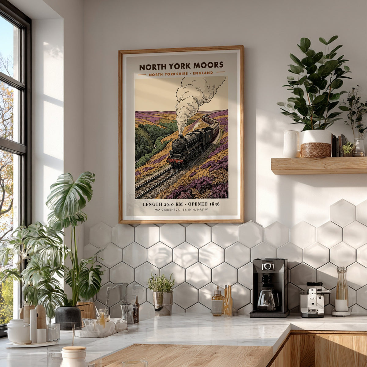 Poster of a steam train traveling through purple heather hills in North York Moors.