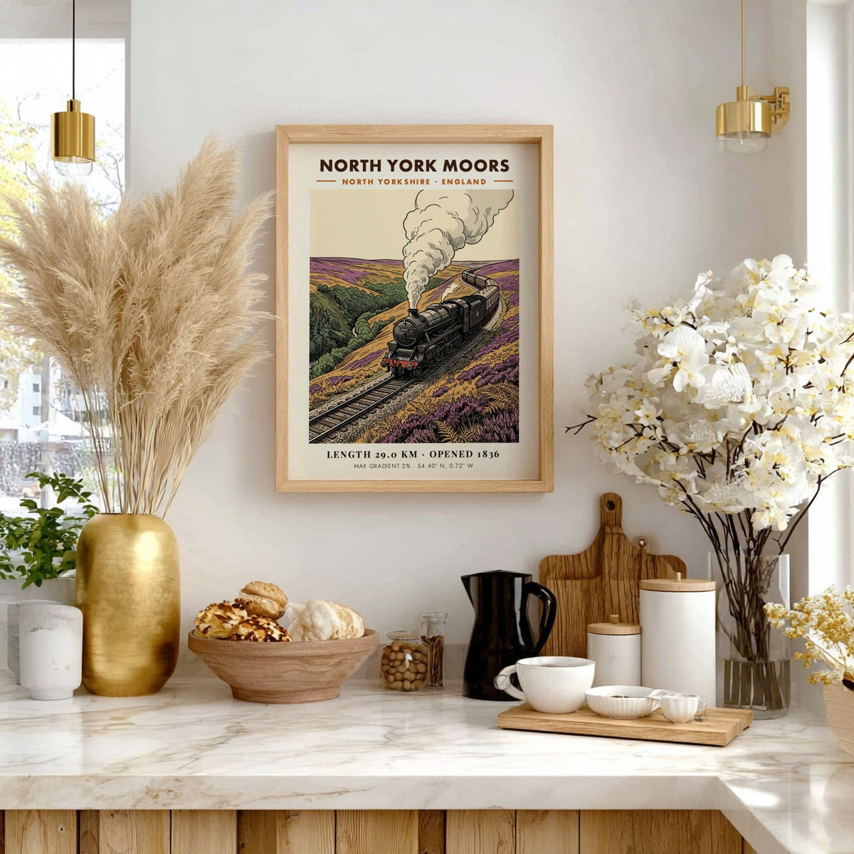 Poster of a steam train traveling through purple heather hills in North York Moors.
