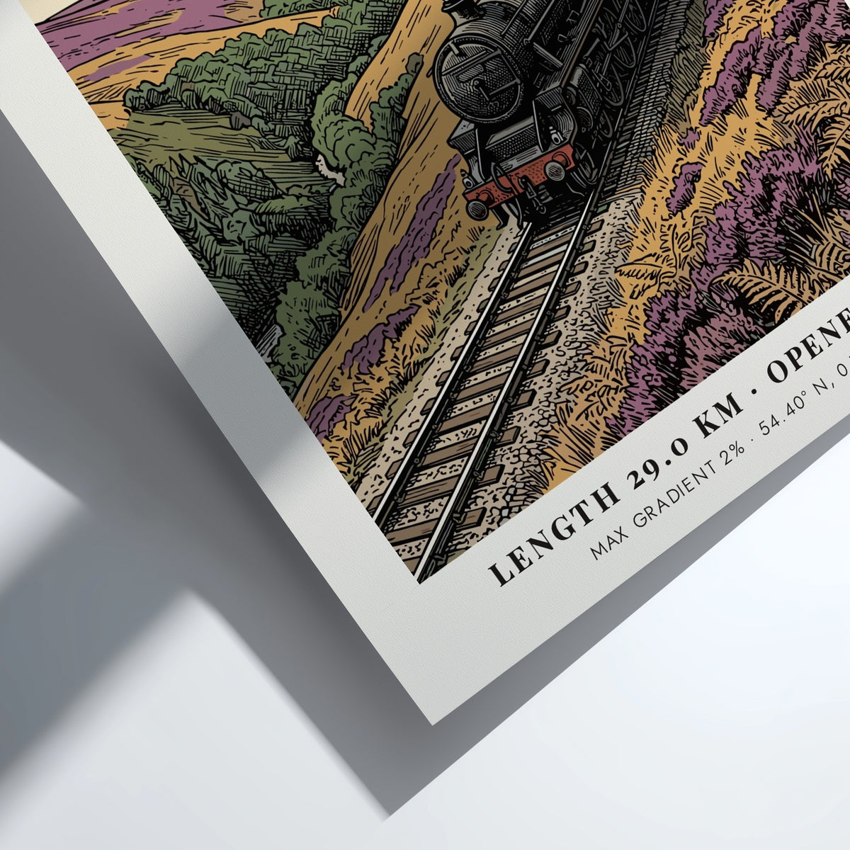 Poster of a steam train traveling through purple heather hills in North York Moors.