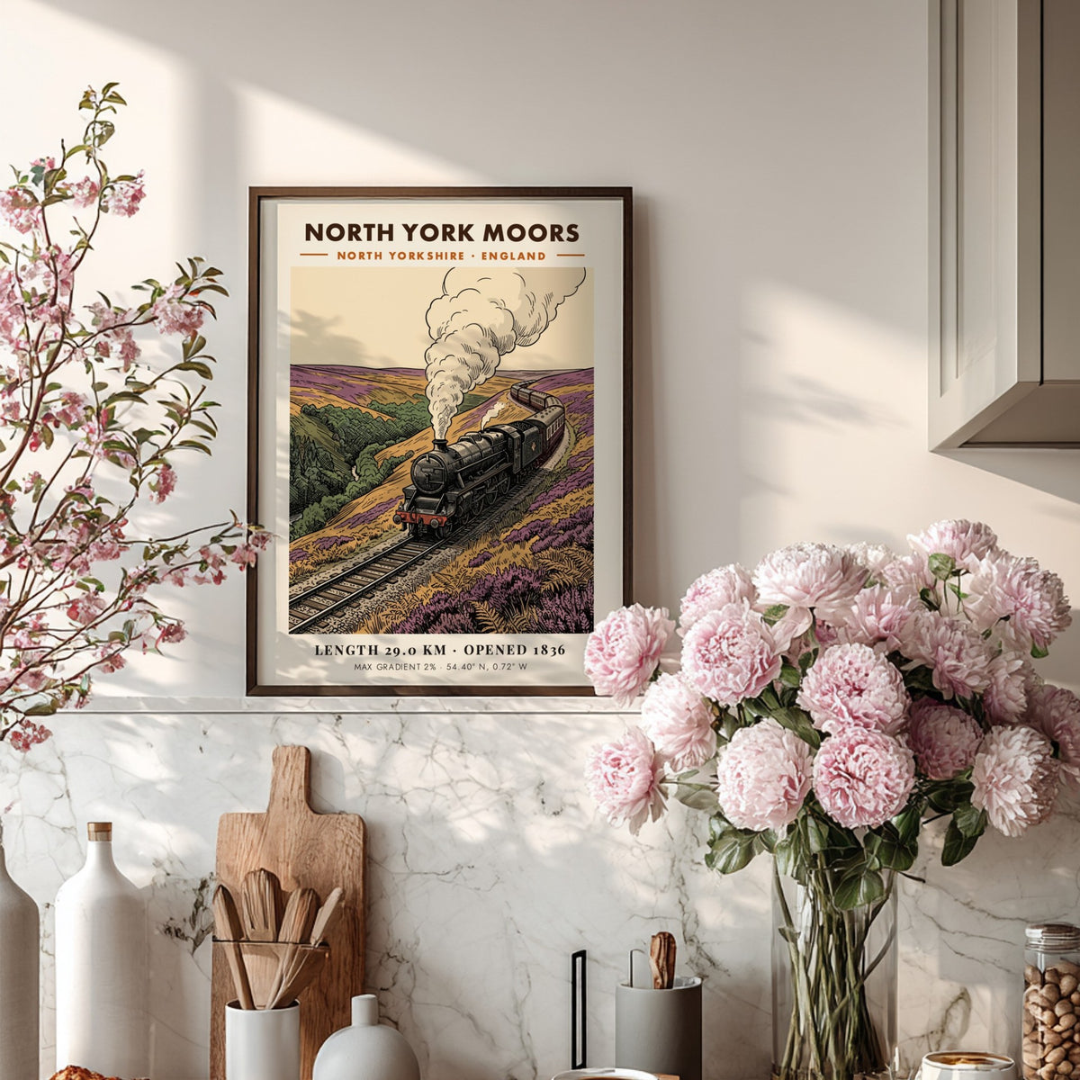 Poster of a steam train traveling through purple heather hills in North York Moors.