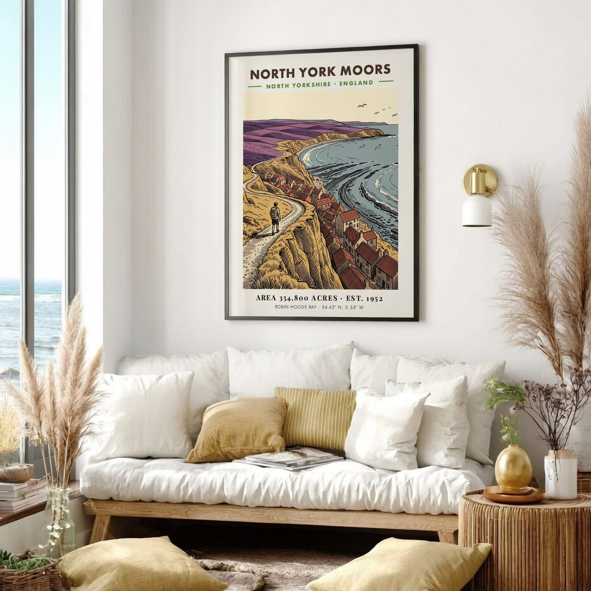 Poster of North York Moors with a hiker overlooking Robin Hoods Bay village.