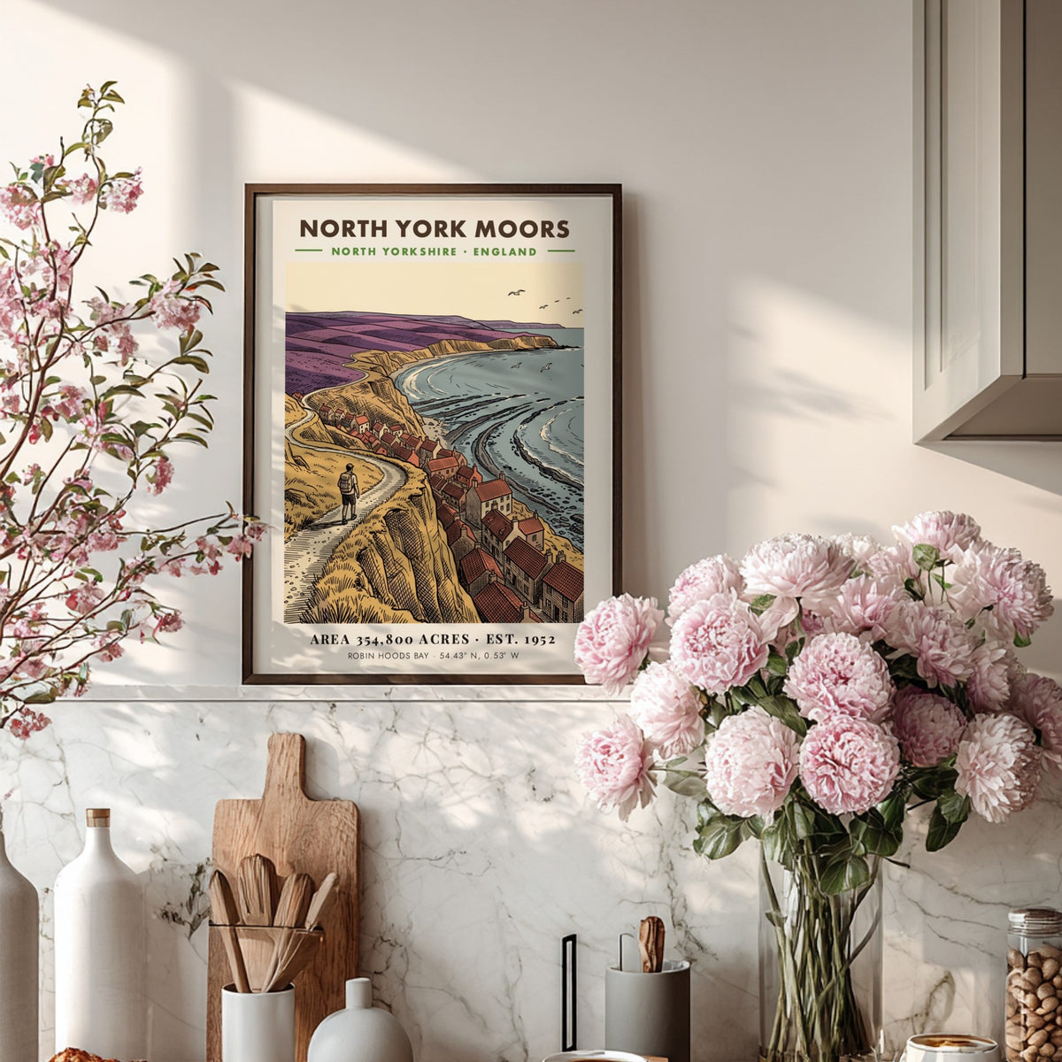 Poster of North York Moors with a hiker overlooking Robin Hoods Bay village.