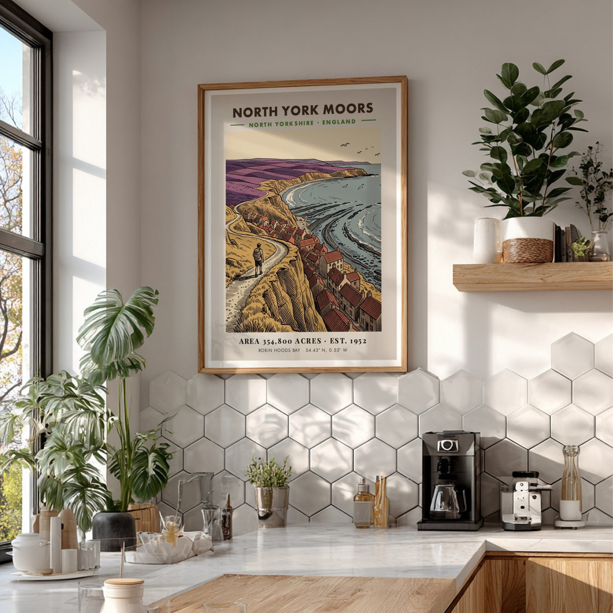 Poster of North York Moors with a hiker overlooking Robin Hoods Bay village.