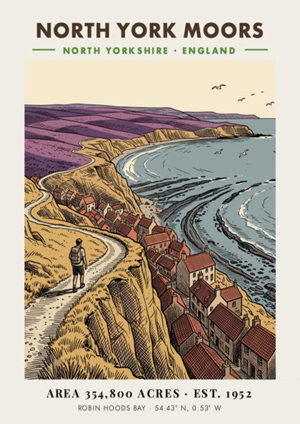 Poster of North York Moors with a hiker overlooking Robin Hoods Bay village.