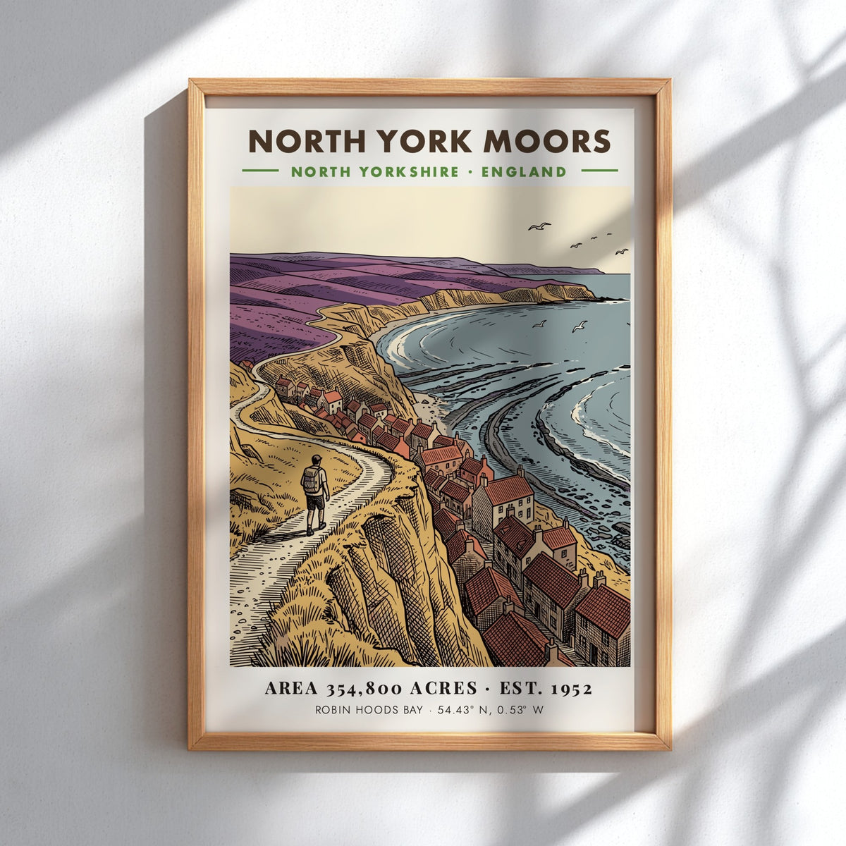 Poster of North York Moors with a hiker overlooking Robin Hoods Bay village.