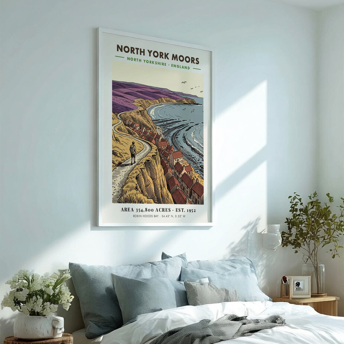 Poster of North York Moors with a hiker overlooking Robin Hoods Bay village.