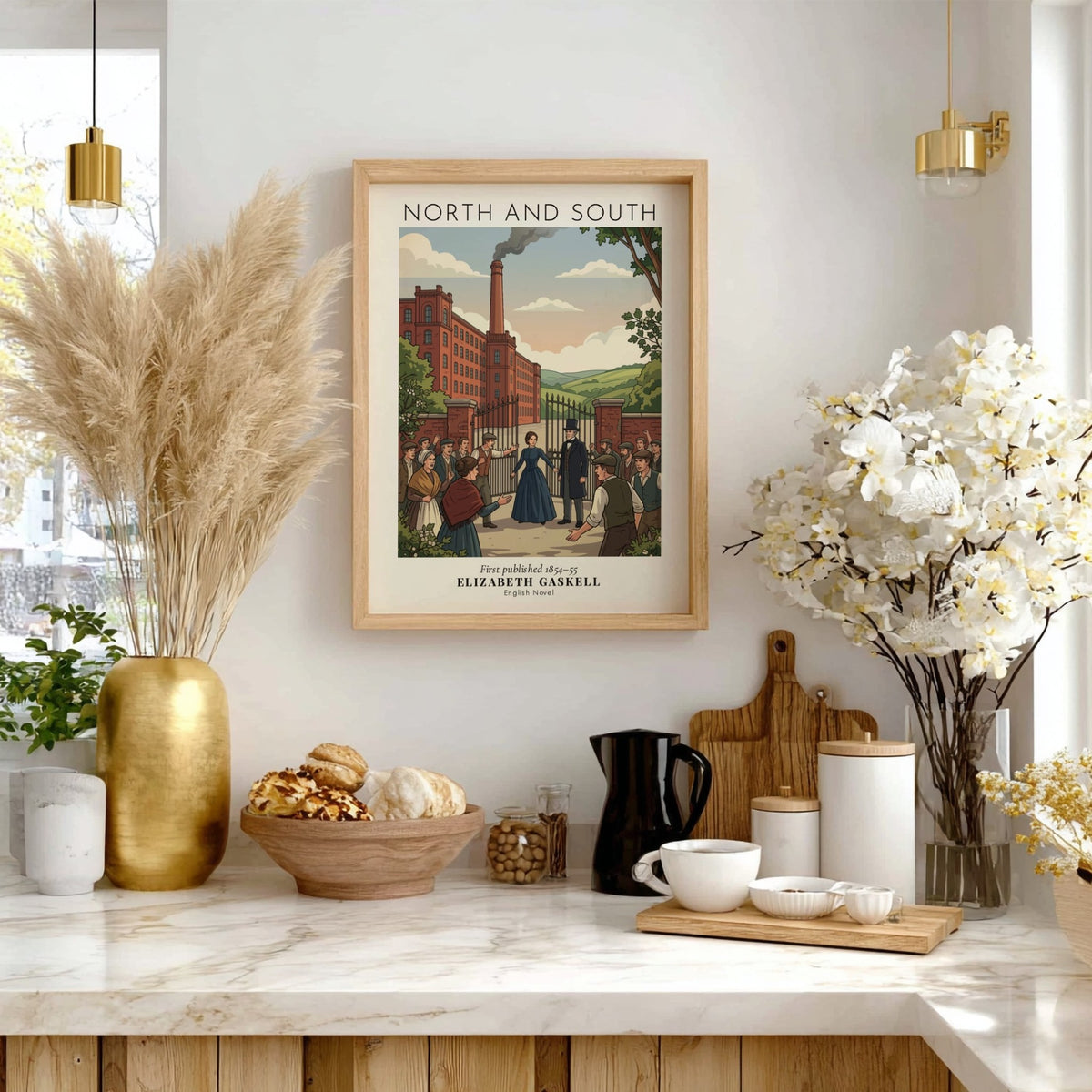 Poster featuring Elizabeth Gaskell North and South book cover illustration with industrial factory scene