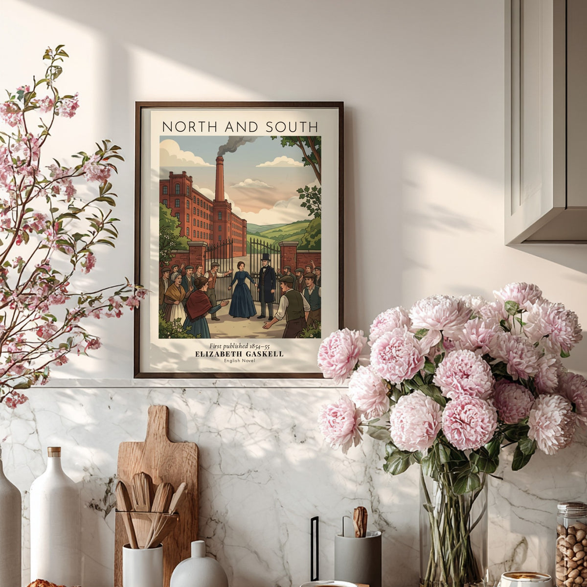 Poster featuring Elizabeth Gaskell North and South book cover illustration with industrial factory scene