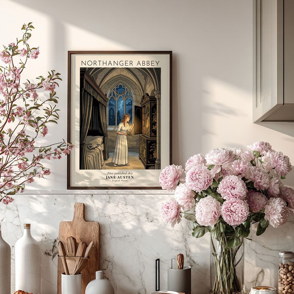 Poster featuring a young woman with a candle exploring a gothic cabinet inside Northanger Abbey.