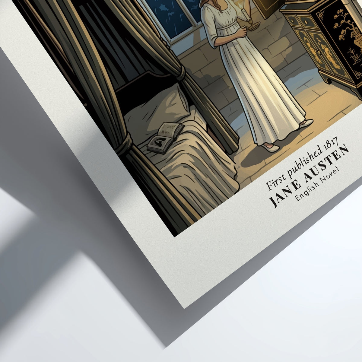 Poster featuring a young woman with a candle exploring a gothic cabinet inside Northanger Abbey.