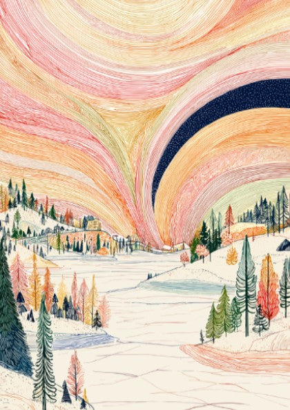 Poster of a winter landscape with a colorful aurora borealis sky in pink, orange, and yellow hues.