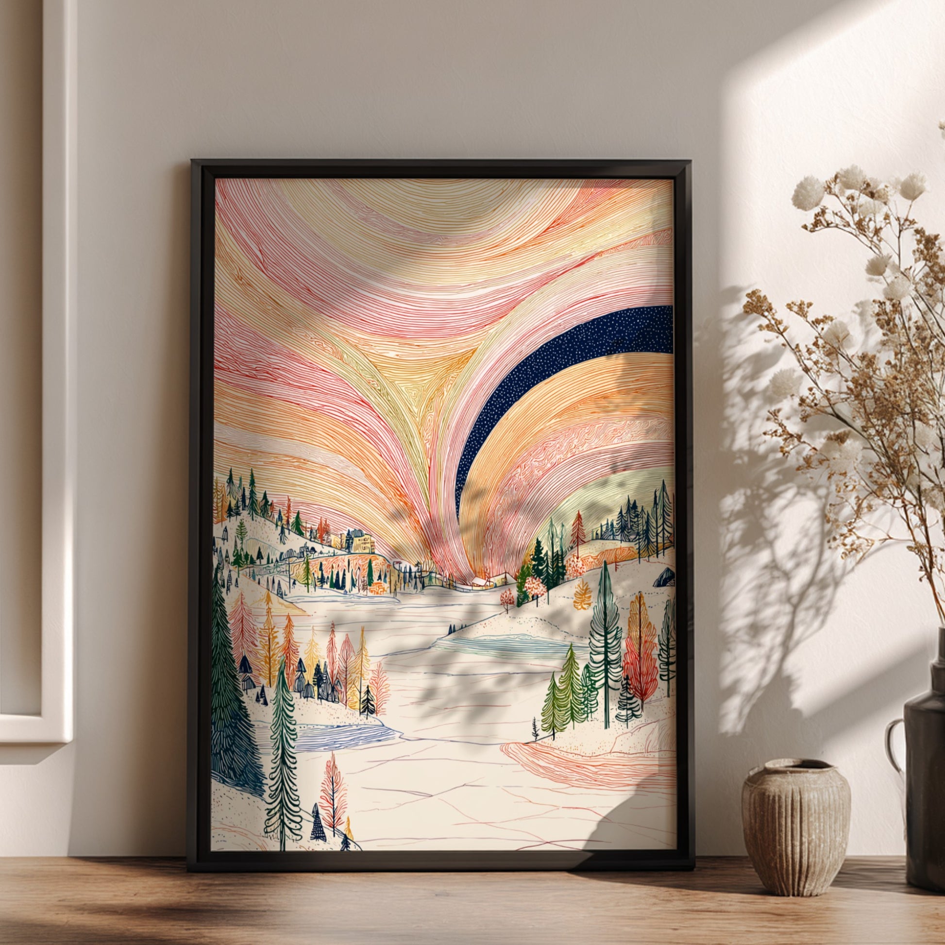Poster of a winter landscape with a colorful aurora borealis sky in pink, orange, and yellow hues.