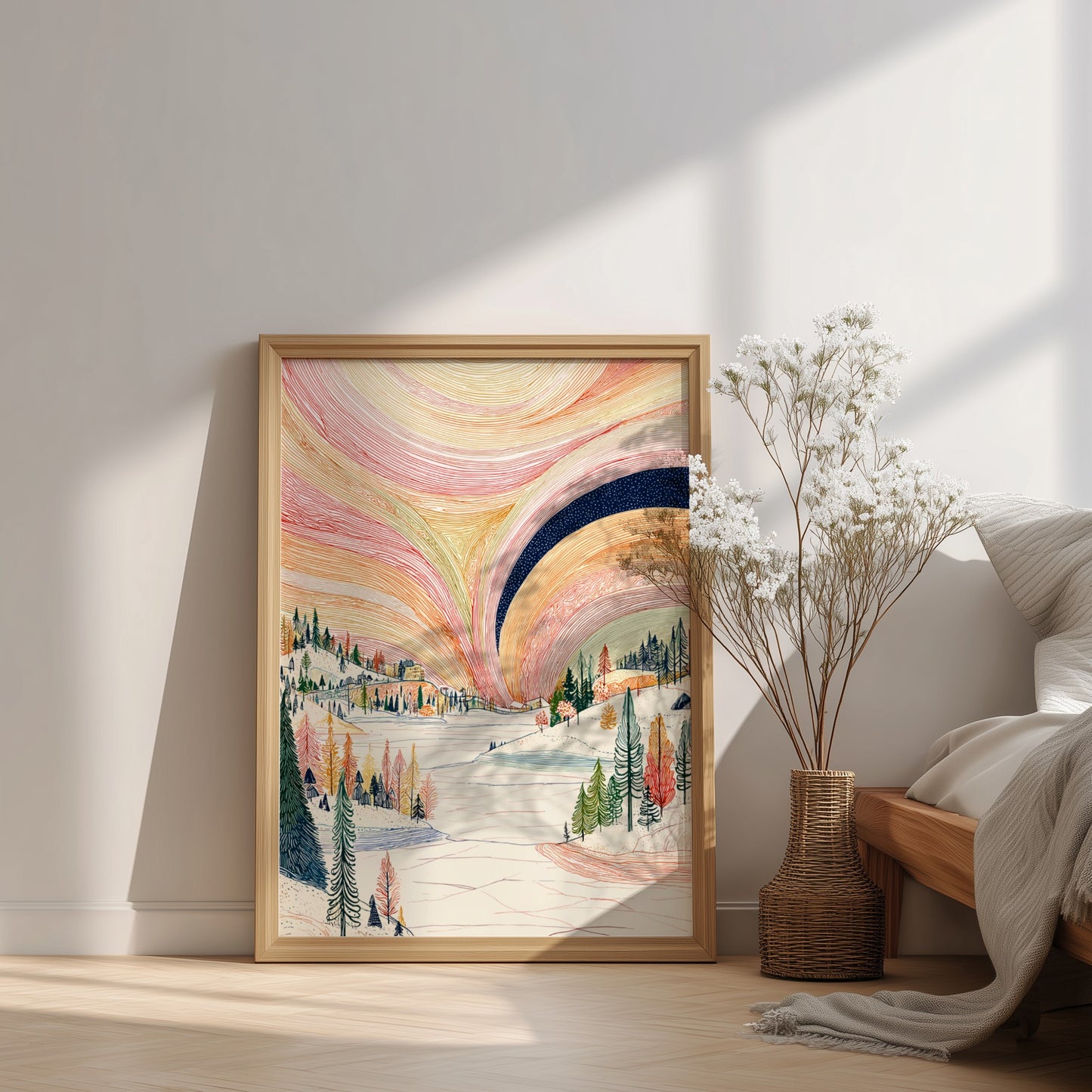Poster of a winter landscape with a colorful aurora borealis sky in pink, orange, and yellow hues.