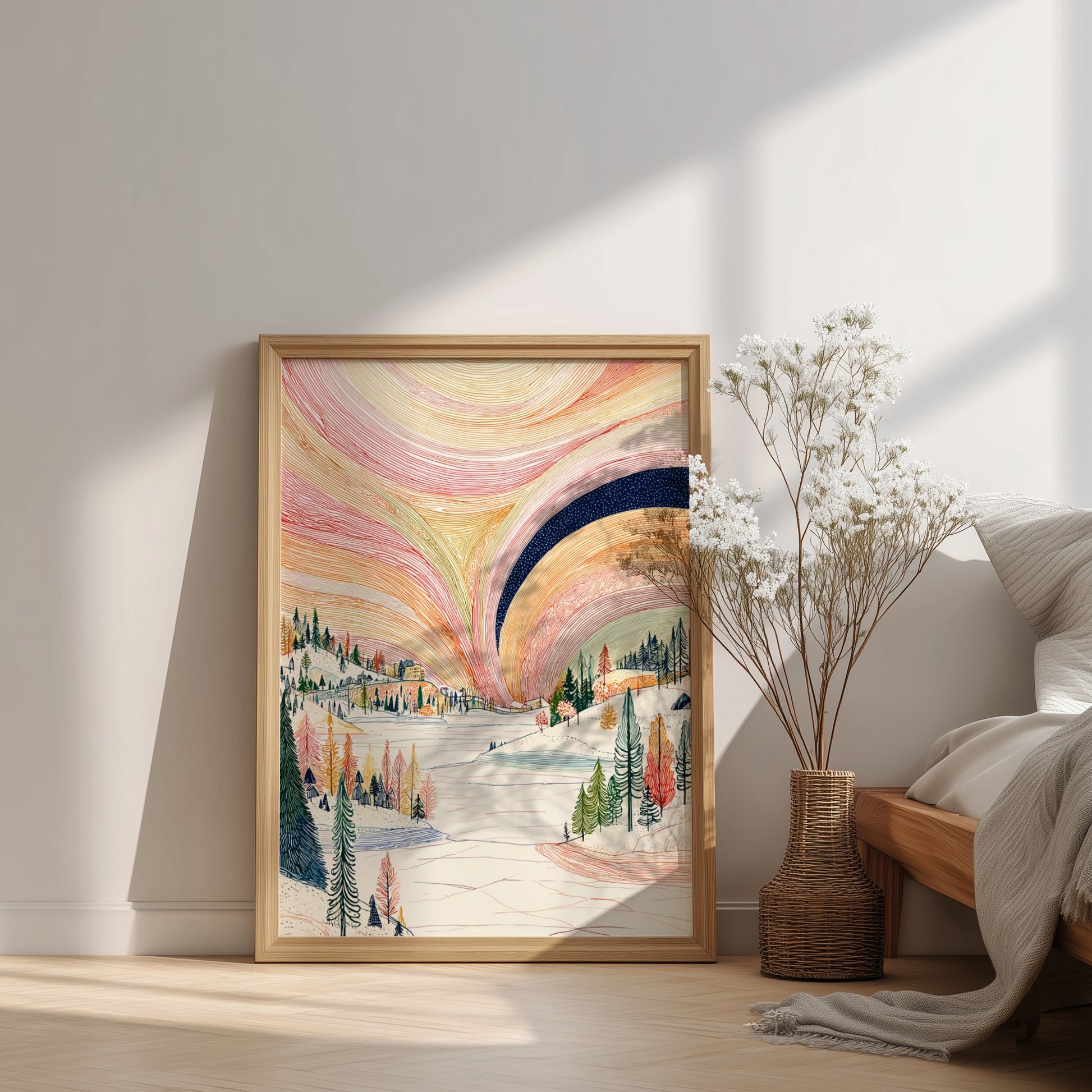 Poster of a winter landscape with a colorful aurora borealis sky in pink, orange, and yellow hues.