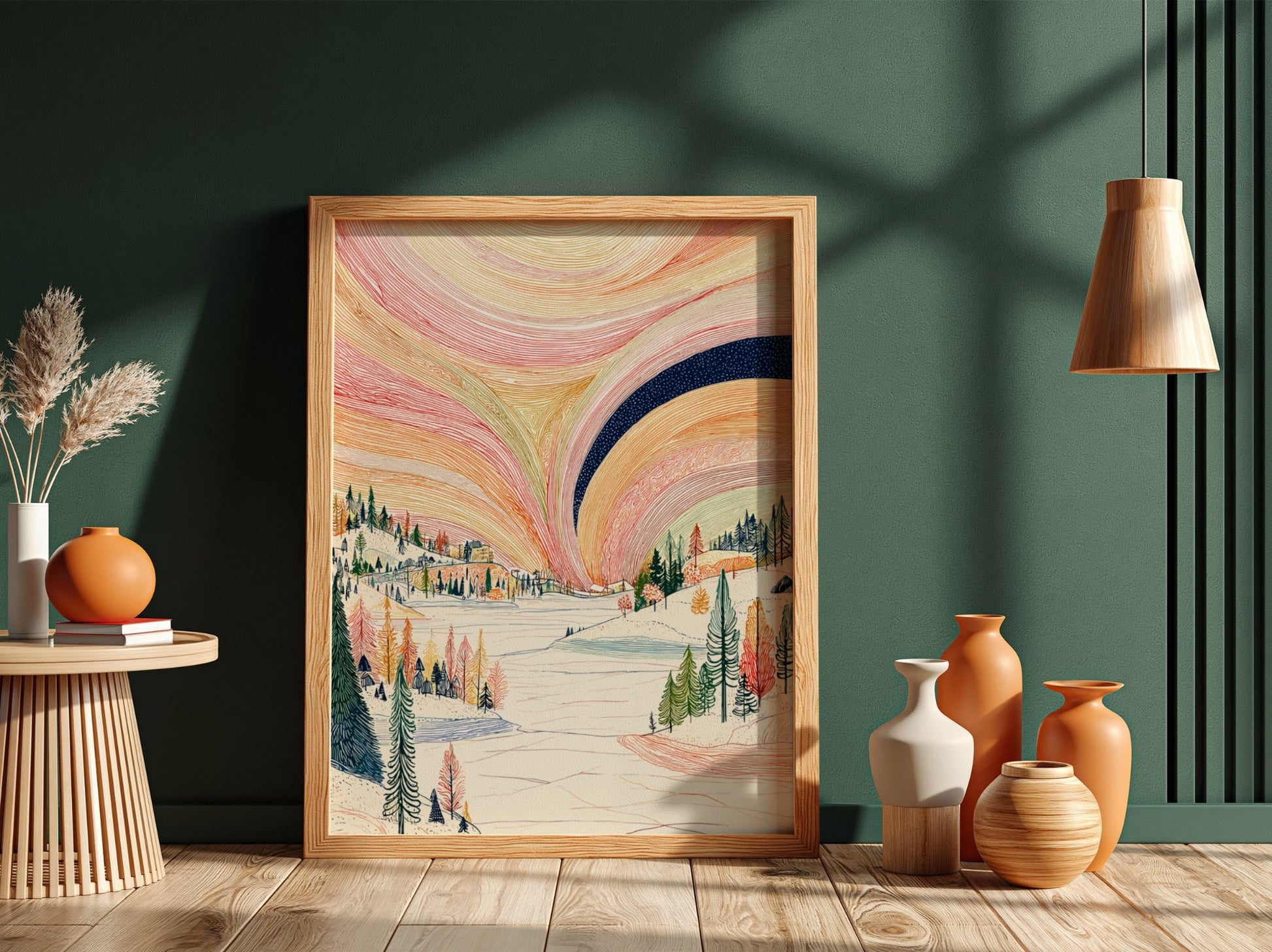 Poster of a winter landscape with a colorful aurora borealis sky in pink, orange, and yellow hues.