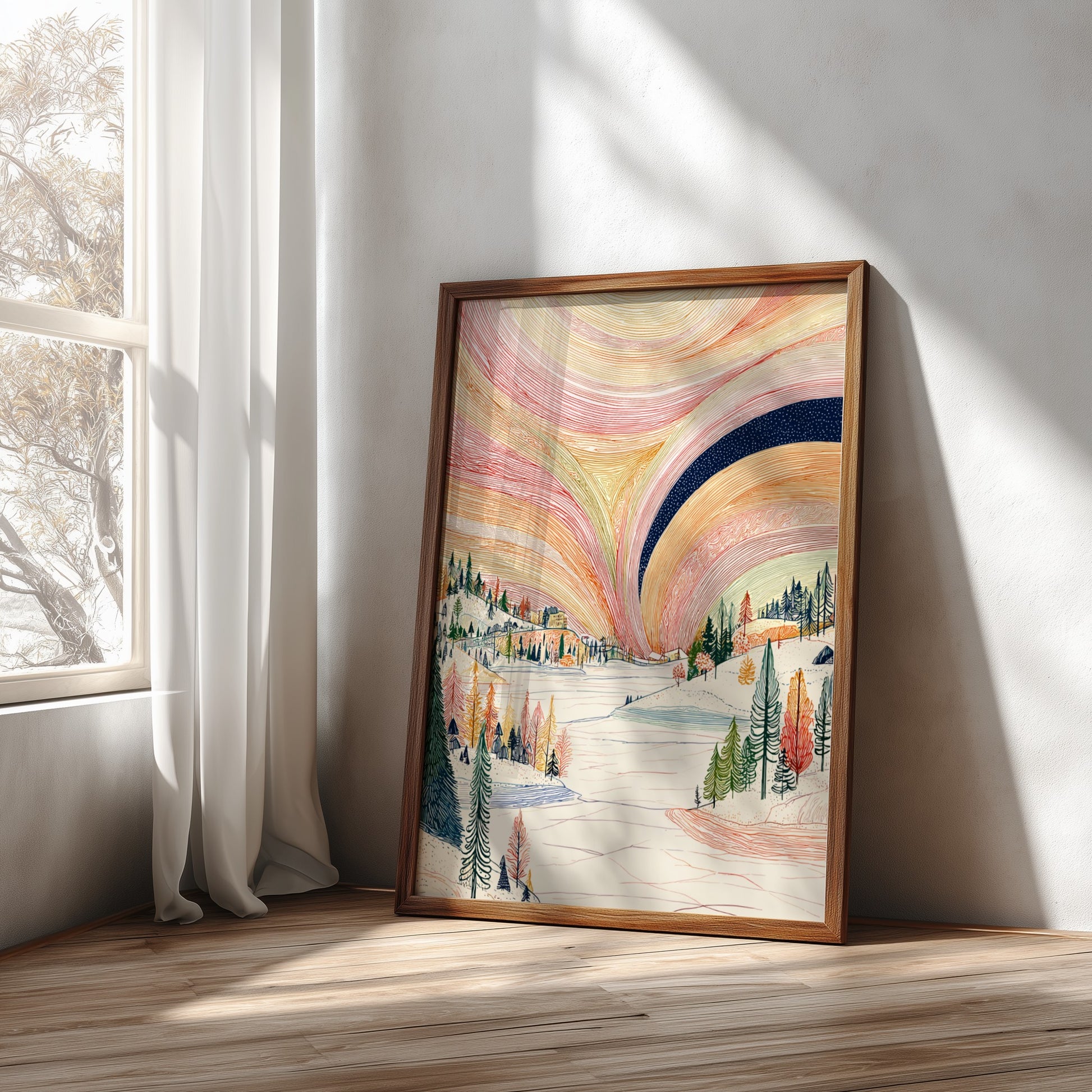 Poster of a winter landscape with a colorful aurora borealis sky in pink, orange, and yellow hues.