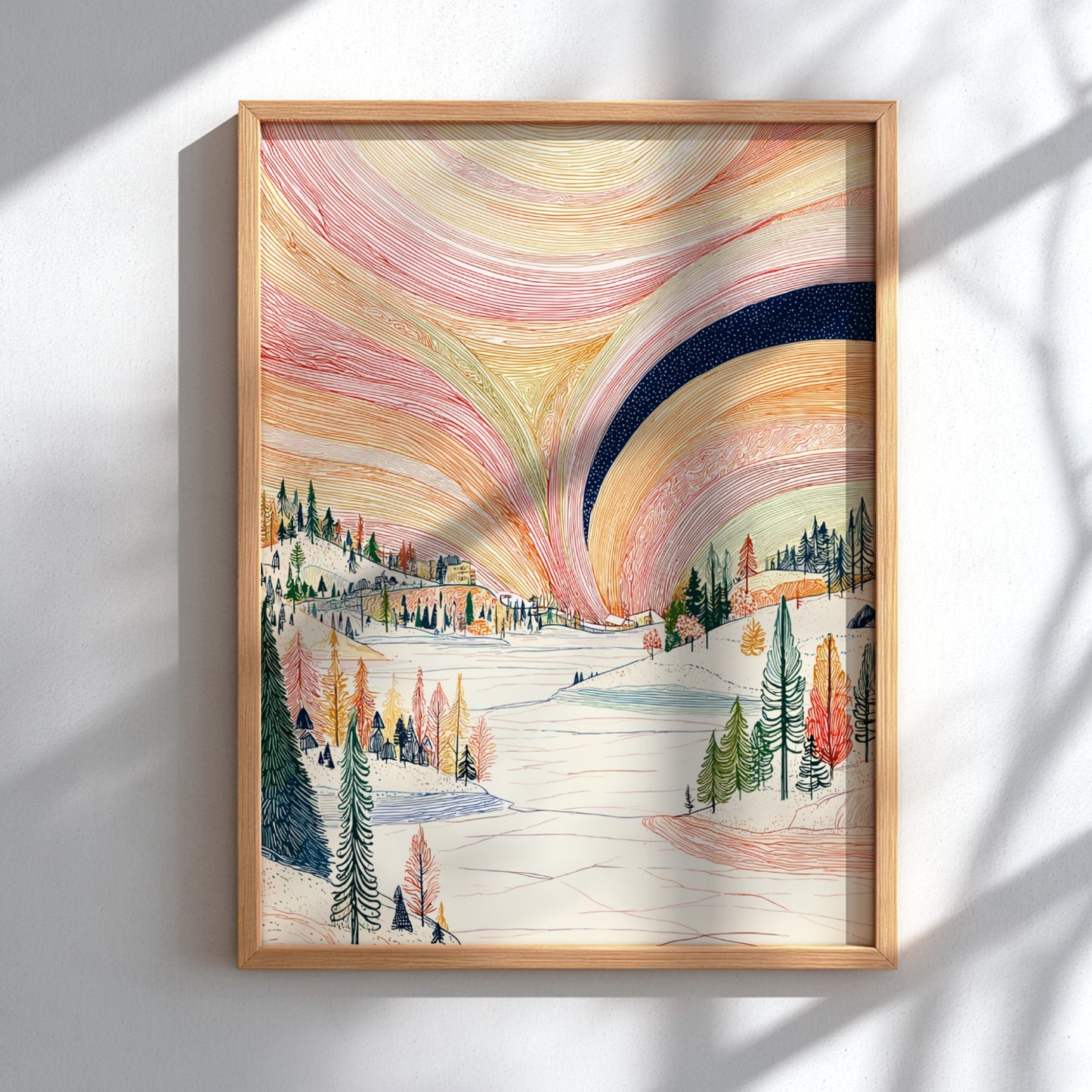 Poster of a winter landscape with a colorful aurora borealis sky in pink, orange, and yellow hues.