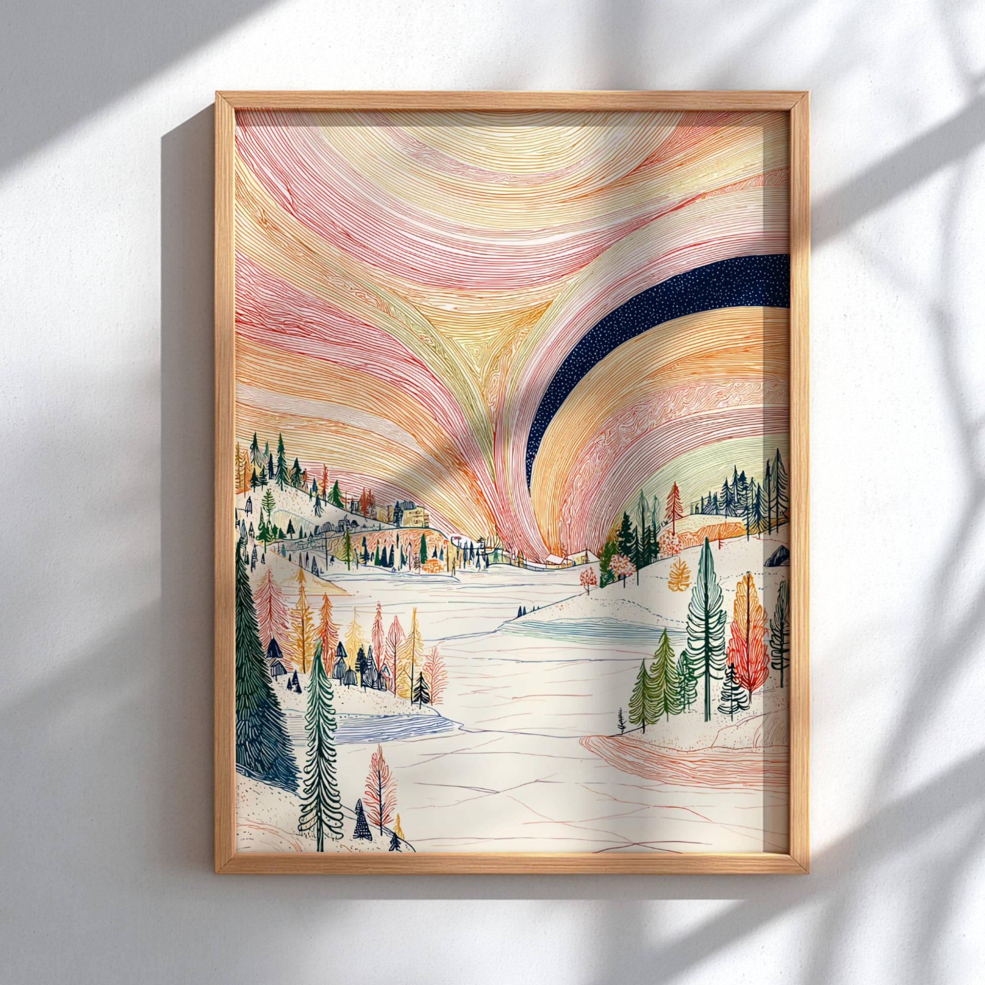 Poster of a winter landscape with a colorful aurora borealis sky in pink, orange, and yellow hues.