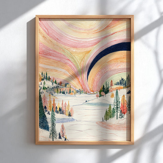 Poster of a winter landscape with a colorful aurora borealis sky in pink, orange, and yellow hues.